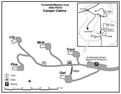 Forestville Mystery Cave State Park camper cabin map 2014