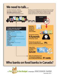 We need to talk... Canadian food banks, staffed by thousands of volunteers, distribute 200 million pounds per year of donated canned and packaged foods.