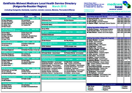 Goldfields-Midwest Medicare Local Health Service Directory (Kalgoorlie-Boulder Region) March 2015 Viskovich House, Suite[removed]Hannan Street, Kalgoorlie WA 6430