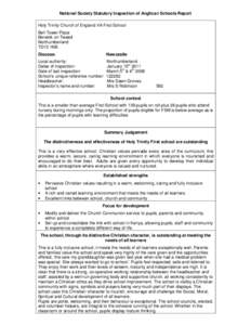 National Society Statutory Inspection of Anglican Schools Report Holy Trinity Church of England VA First School Bell Tower Place Berwick on Tweed Northumberland TD15 1NB