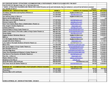 2014 DISCOUNT SHOWS, ATTRACTIONS, ACCOMMODATIONS, & RESTAURANTS FROM KTLO/CLASSIC HITS /THE BOOT Call[removed]Monday-Friday, 8-5, or visit www.ktlo.com **SHOW / ATTRACTION VOUCHERS ARE PRICED PER 2 ADULTS [some can 