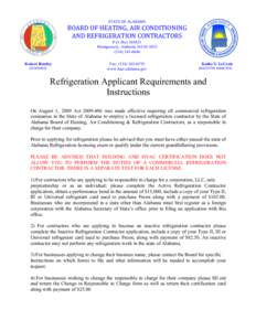 STATE	
  OF	
  ALABAMA	
    BOARD	
  OF	
  HEATING,	
  AIR	
  CONDITIONING	
   AND	
  REFRIGERATION	
  CONTRACTORS P.O. Box[removed]Montgomery, Alabama[removed]