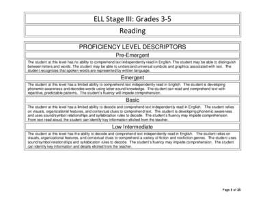 ELL Stage III: Grades 3‐5  Reading    PROFICIENCY LEVEL DESCRIPTORS Pre-Emergent