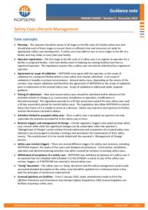 Guidance note N04300-GN0087 Revision 5 December 2012 Safety Case Lifecycle Management Core concepts • Planning – The operator should be aware of all stages in the life cycle of a facility safety case and