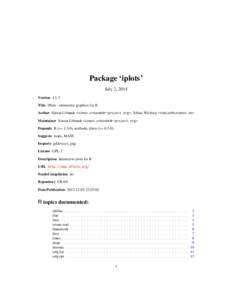 Package ‘iplots’ July 2, 2014 Version 1.1-7 Title iPlots - interactive graphics for R Author Simon Urbanek <simon.urbanek@r-project.org>, Tobias Wichtrey <tobias@tarphos.de> Maintainer Simon Urbanek <simon.urbanek@r-