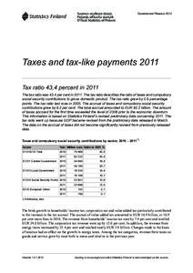 Government Finance[removed]Taxes and tax-like payments 2011 Tax ratio 43,4 percent in 2011 The tax ratio was 43.4 per cent in[removed]The tax ratio describes the ratio of taxes and compulsory social security contributions to