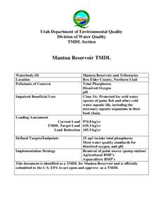 Utah Department of Environmental Quality Division of Water Quality TMDL Section Mantua Reservoir TMDL