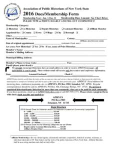 Association of Public Historians of New York StateDues/Membership Form Membership Year: Jan. 1-Dec. 31 Membership Dues Amount: See Chart Below PLEASE TYPE or PRINT CLEARLY AND FILL OUT COMPLETELY!
