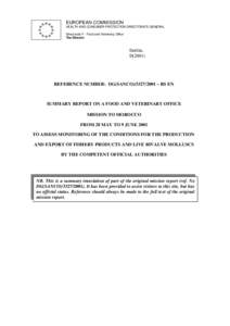 Summary report on a FVO mission to Morocco from 28 May to 9 June 2001 to assess monitoring of the conditions for the produc...