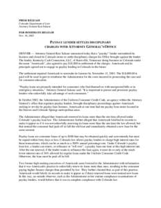 PRESS RELEASE Colorado Department of Law Attorney General Ken Salazar FOR IMMEDIATE RELEASE Nov. 18, 2003