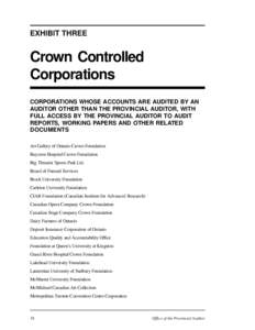 EXHIBIT THREE  Crown Controlled Corporations CORPORATIONS WHOSE ACCOUNTS ARE AUDITED BY AN AUDITOR OTHER THAN THE PROVINCIAL AUDITOR, WITH