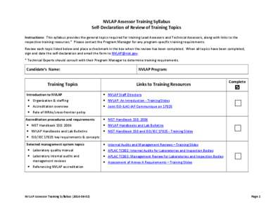 NVLAP Assessor Training Matrix