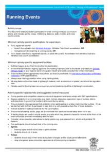 Running Events Activity scope This document relates to student participation in track running events as a curriculum activity and includes sprints, relays, middle/long distance, walks, hurdles and crosscountry events.  M