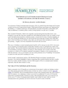 THE IMPORTANCE OF UNEMPLOYMENT INSURANCE FOR AMERICAN FAMILIES AND THE ECONOMY: TAKE 2 BY MELISSA KEARNEY AND BEN HARRIS An extension of federal unemployment insurance (UI) was omitted from the budget deal recently worke