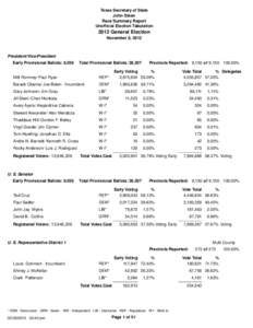Texas Secretary of State  John Steen Race Summary Report