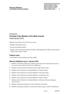 Relevant affiliations of the Bank Council members Christian Vitta, Member of the Bank Council Initial election 2016 Christian Vitta, Preonzo, born 1972, Swiss citizen