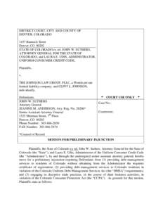 DISTRICT COURT, CITY AND COUNTY OF DENVER, COLORADO 1437 Bannock Street Denver, CO[removed]STATE OF COLORADO ex rel. JOHN W. SUTHERS, ATTORNEY GENERAL FOR THE STATE OF