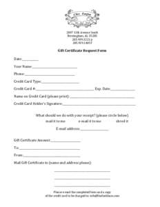 2007 11th Avenue South Birmingham, AL3221 pf  Gift Certificate Request Form