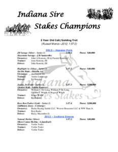 Indiana Sire Stakes Champions 2 Year Old Colt/Gelding Trot (Russell Mania—2012; 1:[removed] – Hoosier Park