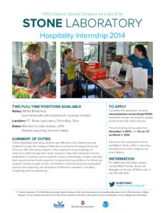 Ohio State’s Island Campus on Lake Erie  STONE LABORATORY Hospitality Internship[removed]TWO FULL-TIME POSITIONS AVAILABLE