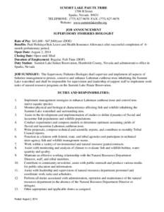SUMMIT LAKE PAIUTE TRIBE 1708 H Street Sparks, Nevada[removed]TELEPHONE: ([removed]FAX: ([removed]Website: www.summitlaketribe.org JOB ANNOUNCEMENT