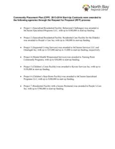 Community Placement Plan (CPP[removed]Start-Up Contracts were awarded to the following agencies through the Request for Proposal (RFP) process:  Project 1 (Specialized Residential Facility: Behavioral Challenges) w