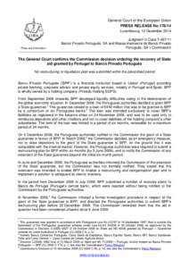 General Court of the European Union PRESS RELEASE No[removed]Luxembourg, 12 December 2014 Press and Information