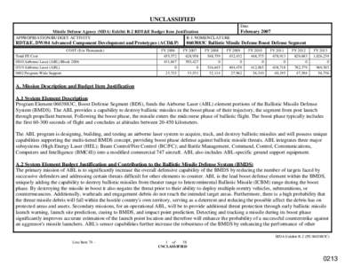 UNCLASSIFIED Date Missile Defense Agency (MDA) Exhibit R-2 RDT&E Budget Item Justification APPROPRIATION/BUDGET ACTIVITY R-1 NOMENCLATURE