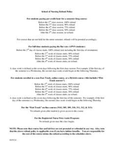 School of Nursing Refund Policy For students paying per credit hour for a semester-long course: Before the 2nd class session, 100% refund Before the 3rd class session, 90% refund Before the 4th class session, 75% refund 