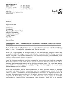 National Energy Board’s Amendments to the Cost Recovery Regulations - Hydro One Networks Comments - 4 September 2009