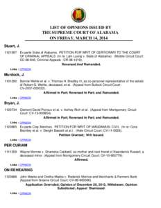 LIST OF OPINIONS ISSUED BY THE SUPREME COURT OF ALABAMA ON FRIDAY, MARCH 14, 2014 Stuart, J[removed]Ex parte State of Alabama. PETITION FOR WRIT OF CERTIORARI TO THE COURT OF CRIMINAL APPEALS (In re: Lam Luong v. State 