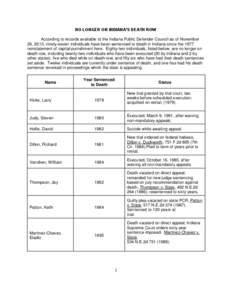 NO LONGER ON INDIANA’S DEATH ROW According to records available to the Indiana Public Defender Council as of November 26, 2013, ninety-seven individuals have been sentenced to death in Indiana since the 1977 reinstatem