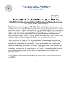 Statement of Administration Policy on H.R[removed]Preventing Government Waste and Protecting Coal Mining Jobs in America