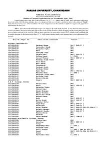 PANJAB UNIVERSITY, CHANDIGARH Notification No. B.C.A.I/2014-A/12 RE-EVALUATION RESULT OF THE Bachelor of Computer Applications Ist year Examination, April , 2014. In partial supersession to this office result notificatio
