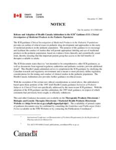 Health Canada Addendum to ICH Guidance Document E11: Clinical Investigation of Medicinal Products in the Pediatric Population