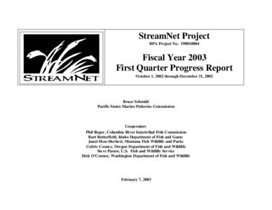 StreamNet Project BPA Project No[removed]Fiscal Year 2003 First Quarter Progress Report October 1, 2002 through December 31, 2002