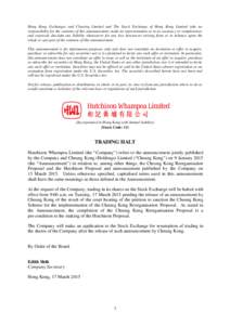 Hong Kong Exchanges and Clearing Limited and The Stock Exchange of Hong Kong Limited take no responsibility for the contents of this announcement, make no representation as to its accuracy or completeness and expressly d