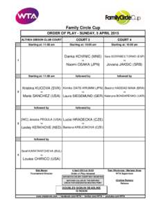 Family Circle Cup ORDER OF PLAY - SUNDAY, 5 APRIL 2015 ALTHEA GIBSON CLUB COURT COURT 3