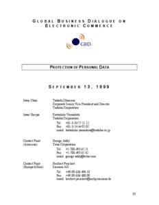 GLOBAL BUSINESS DIALOGUE ON ELECTRONIC COMMERCE PROTECTION OF PERSONAL DATA  SEPTEMBER 13, 1999