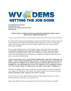 FOR IMMEDIATE RELEASE December 20, 2013 Contact: West Virginia Democratic Party