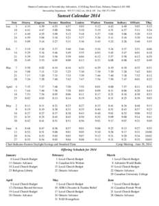 Ontario Conference of Seventh-day Adventists, 1110 King Street East, Oshawa, Ontario L1H 1H8 Stewardship Department[removed]ext. 106 & 105 Fax: [removed]Sunset Calendar 2014 Date