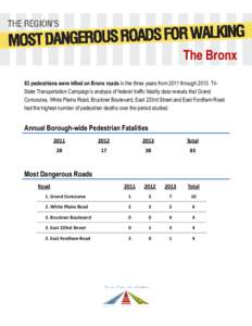 The Bronx 83 pedestrians were killed on Bronx roads in the three years from 2011 throughTriState Transportation Campaign’s analysis of federal traffic fatality data reveals that Grand Concourse, White Plains Roa