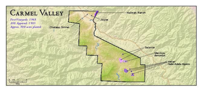 Carmel Valley First Vineyards: 1968 AVA Approved: 1983 Approx. 300 acres planted  Holman Ranch