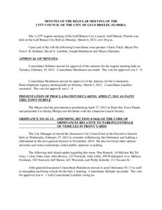 MINUTES OF THE REGULAR MEETING OF THE CITY COUNCIL OF THE CITY OF GULF BREEZE, FLORIDA The 1,219th regular meeting of the Gulf Breeze City Council, Gulf Breeze, Florida was held at the Gulf Breeze City Hall on Monday, Ma