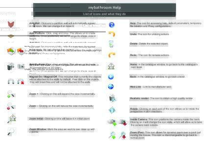 mybathroom Help List of icons and what they do Add Wall: Click and a partition wall will automatically appear in the room. We can change it or move it.  Help: The icon for accessing help, default parameters, temporary