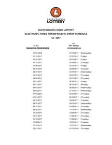 SOUTH DAKOTA VIDEO LOTTERY ELECTRONIC FUNDS TRANSFER (EFT) SWEEP SCHEDULE for 2017 for the Accounting Period Ending