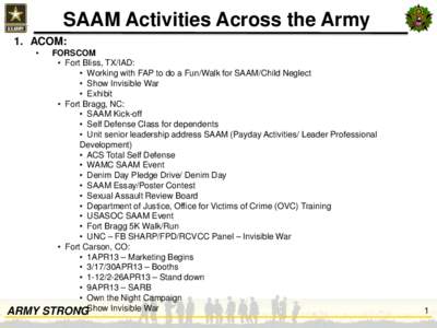 SAAM Activities Across the Army 1. ACOM: • ARMY