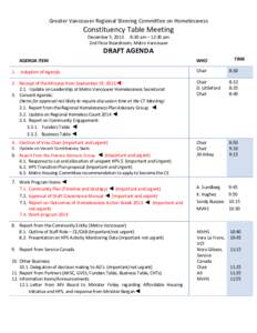 Greater Vancouver Regional Steering Committee on Homelessness  Constituency Table Meeting December 5, 2013 8:30 am – 12:30 pm 2nd Floor Boardroom, Metro Vancouver