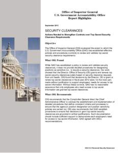 OIG-13-3 Highlights, SECURITY CLEARANCES: Actions Needed to Strengthen Controls over Top Secret Security Clearance Requirements