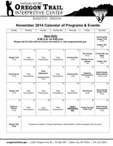 November 2014 Calendar of Programs & Events